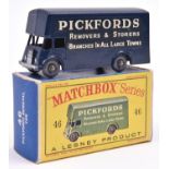 Matchbox Series No.46 Pickfords Removal Van. An example in dark blue with white roller shutter and