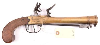 A brass barrelled and brass framed flintlock boxlock blunderbuss pistol with spring bayonet, by
