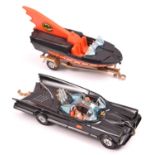 Corgi Batmobile and Batboat. 2nd type with the thinner black plastic wheels to car and trailer,