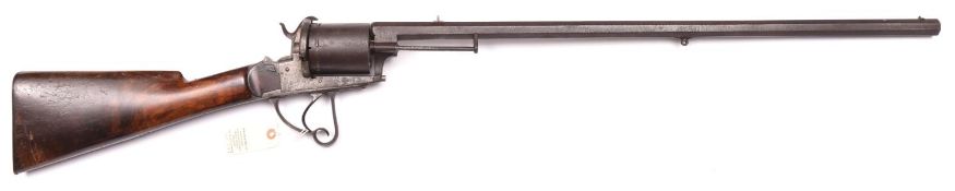 A Belgian 6 shot 20 bore DA pin fire revolving shotgun, 47” overall, octagonal twist barrel 29½”;