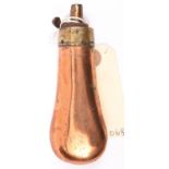 A plain copper bag shaped pistol size powder flask, sprung brass top and nozzle, 4½” overall. GC