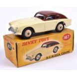 Dinky Toys A.C. Aceca Coupe (167). In cream and dark brown with cream wheels and black rubber tyres.