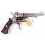 A Belgian 6 shot 7mm open frame DA pin fire revolver, 7¼” overall, octagonal barrel 3½”, Liege
