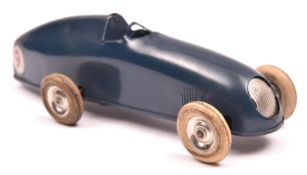 A 1930's Tri-ang Minic tinplate clockwork Racing Car 13M. Open cockpit example in dark blue with red