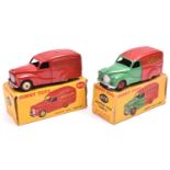 2 Dinky Toys Austin Vans. 'SHELL' (470) in mid green and red SHELL BP livery, with red wheels.