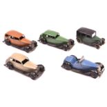 5x Dinky Toys. Rolls Royce (30b) in fawn. Taxi (36g) in green and black. Salmson 2-seater (36e) in