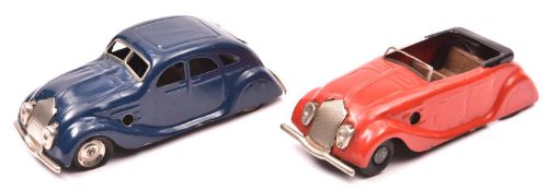 2 Tri-ang Minic tinplate clockwork Cars. A Streamlined Sports Tourer No.14M. An example in bright