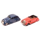 2 Tri-ang Minic tinplate clockwork Cars. A Streamlined Sports Tourer No.14M. An example in bright