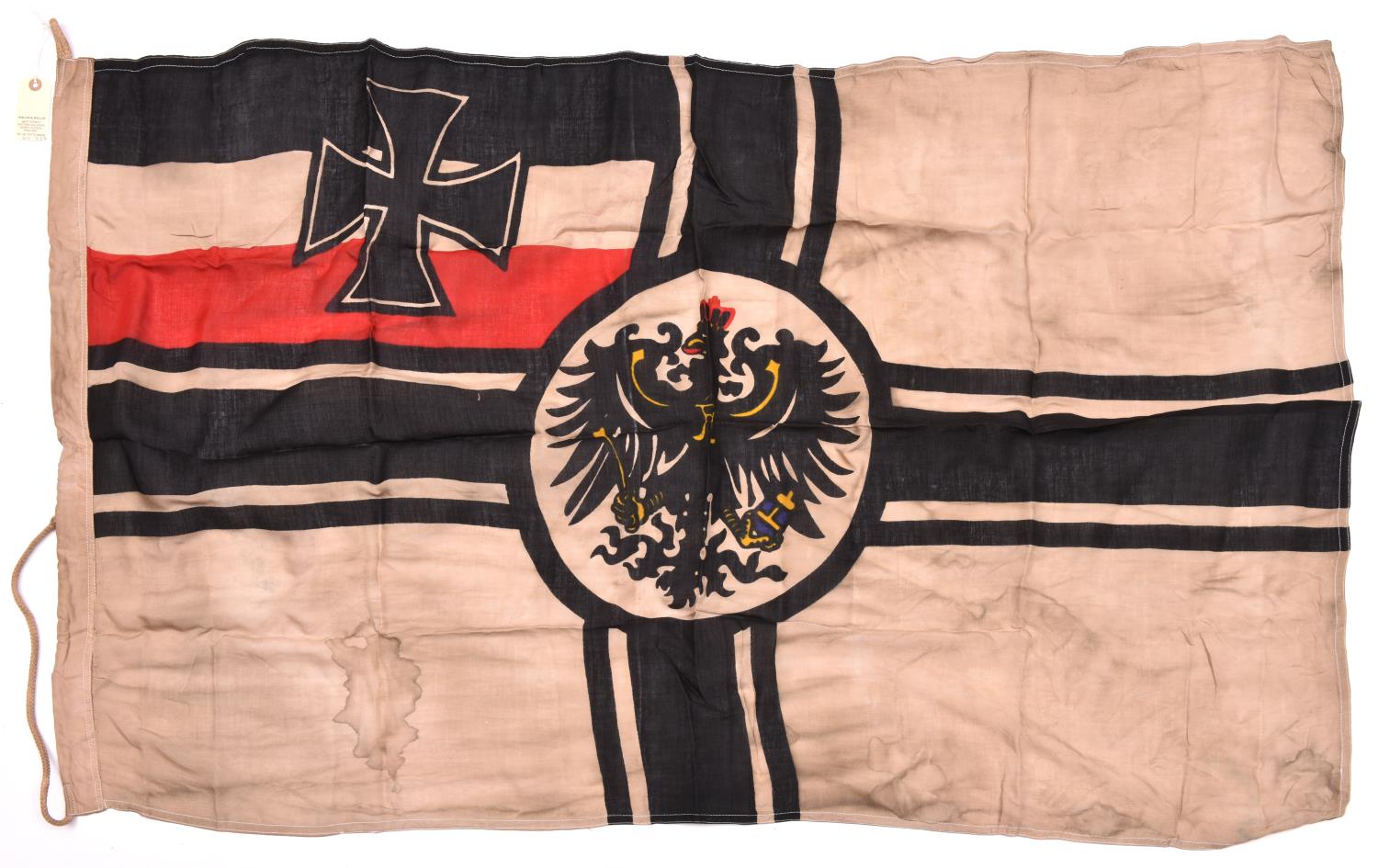 An Imperial German printed linen Kriegsflagge, 34” x 56”, GC (stained, requires cleaning)