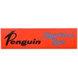 A Tri-ang Penguin glass advertising sign. Black and blue lettering 'Penguin Playtime Toys' with