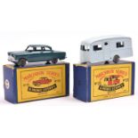 2 Matchbox Series. No.33 Ford Zodiac, in dark green with tow hook and metal wheels. Plus a No.23