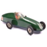 A Tri-ang Minic tinplate clockwork Racing Car 13M. Closed cockpit example in dark green with dark