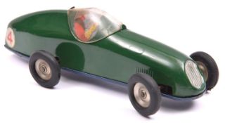 A Tri-ang Minic tinplate clockwork Racing Car 13M. Closed cockpit example in dark green with dark