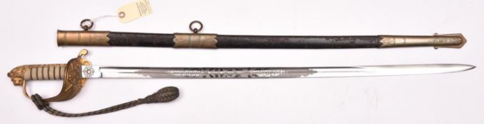 A late Vic R Naval officer’s sword, very slightly curved, fullered blade 31½”, marked “London