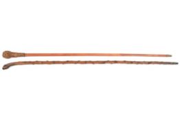 A slender malacca walking cane, cord woven/bound, knopped grip, brass ferrule, 33” overall; and a