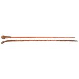 A slender malacca walking cane, cord woven/bound, knopped grip, brass ferrule, 33” overall; and a