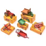 6 Dinky Toys farm related items. A Massey-Harris Tractor (300), an example in red with yellow