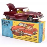 Corgi Toys 'Le Dandy' Coupe (259). A Citroen D.S. in metallic maroon with yellow interior, with wire