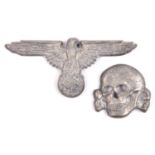 A Third Reich SS cap eagle and skull, both bearing RZM mark and “SS runes 475/43”. GC (some