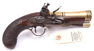 A late 18th century brass barrelled flintlock blunderbuss belt pistol, 8½” overall, bell mouth