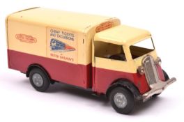 Tri-ang Minic tinplate clockwork Short Bonnet Delivery Van No.107M. An example in cream and maroon