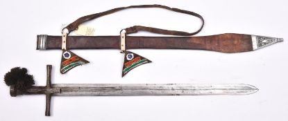 A Sudanese sword kaskara, broad blade 27”, triple fullered at forte, twin half moon marks on each
