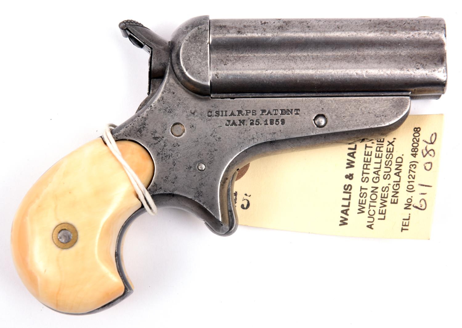A .32” rim fire Sharp’s model 4A four barrelled pistol, number 368, barrel 2½”, the frame stamped “