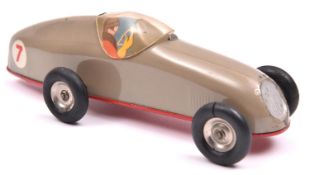 A Tri-ang Minic tinplate clockwork Racing Car 13M. Closed cockpit example in light grey with red