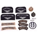 A WWII RAF plastic cap badge, and do. brass; 4 pairs cloth shoulder titles: New Zealand/wings,