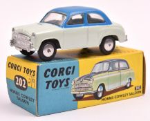 Corgi Toys Morris Cowley Saloon (202). In pale blue with mid blue roof and upper sides, smooth
