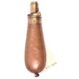 A slender copper bag shaped pistol size powder flask, common brass top by G & J W Hawksley, large