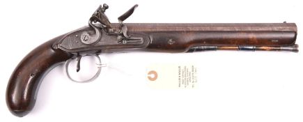 A 16 bore flintlock duelling pistol by Clarke of Dublin, c 1800, 15½” overall, well rebrowned