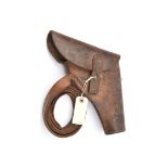 A scarce WWII flap top leather holster for a flare pistol, with leather belt loop stamped “E