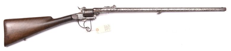 A French Lefaucheux 6 shot 11mm open frame pin fire revolving rifle, 41” overall, octagonal barrel