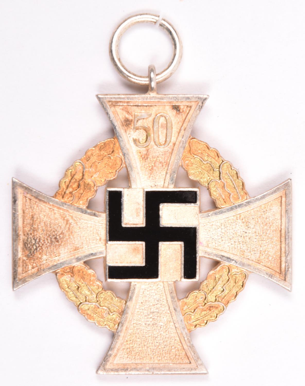 A Third Reich 50 years Faithful Service Decoration, in silver and gilt with black enamel swastika (