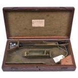 An early 19th century green baize lined fitted oak case for a pair of 15” flintlock holster pistols,