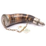 A horn powder flask, WM “Dixon & Son Improved Patent” top with graduated nozzle (spring broken),