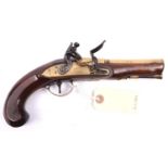 A late 18th century 24 bore brass barrelled flintlock travelling pistol, by Bennett, 10” overall,