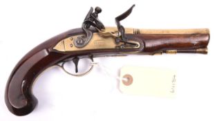 A late 18th century 24 bore brass barrelled flintlock travelling pistol, by Bennett, 10” overall,