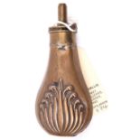 A copper pistol size powder flask “Shell” (Riling 317) brass top marked “Patent”, plain nozzle, 5”