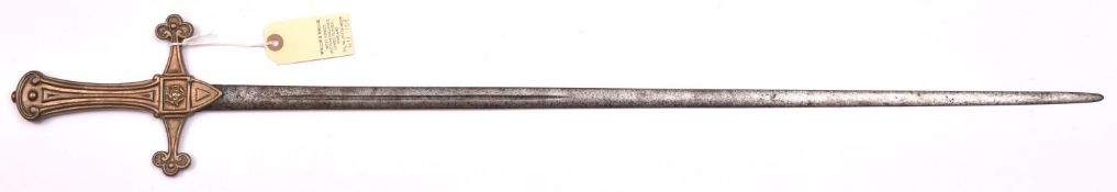 A bandsman’s composite sword, slender DE blade 29½”, with short central fuller, solid brass Mark