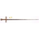 A bandsman’s composite sword, slender DE blade 29½”, with short central fuller, solid brass Mark