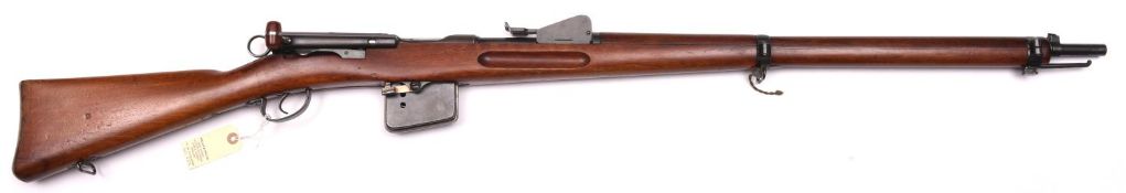 A Swiss 7.5mm Schmidt Rubin Model 1889 straight pull bolt action rifle, number 101624, with pale