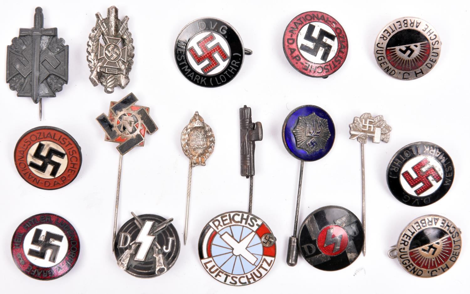 9 Third Reich circular enamelled pin back badges, including “Reichs Luftschutz”; Hitler Youth