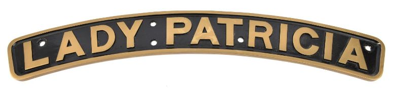 A reproduction locomotive nameplate LADY PATRICIA. A cast brass plate with black painted background.