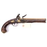 A 20 bore brass barrelled flintlock holster pistol, by I. Parr (probably John Parr of Liverpool),