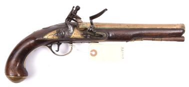 A 20 bore brass barrelled flintlock holster pistol, by I. Parr (probably John Parr of Liverpool),