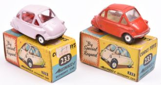 2 Corgi Heinkel Trojan (233). An example in red with yellow interior and smooth wheels and another