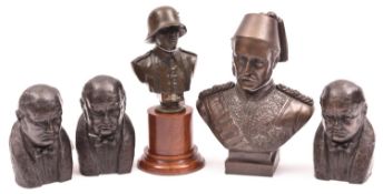 A bronzed head shoulders bust of General Gordon, 7½”; 3 similar Winston Churchill 4¾”, and