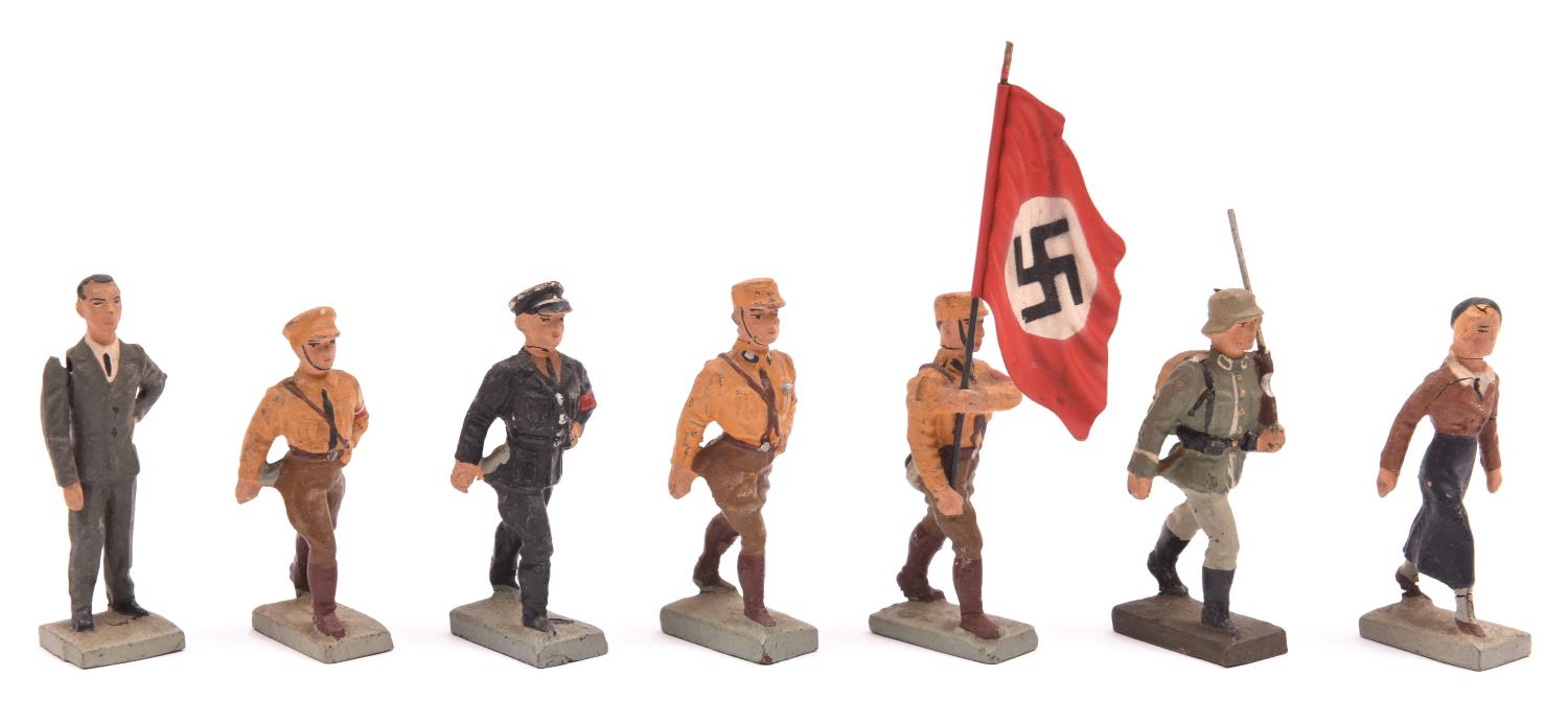 7 Third Reich period Lineol figures,average height 2¾”, of SA man (2), SA Standard Bearer with flag,